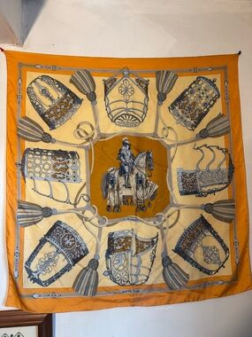 Hermes Yellow & Orange Silk Scarf with Equestrian Motif